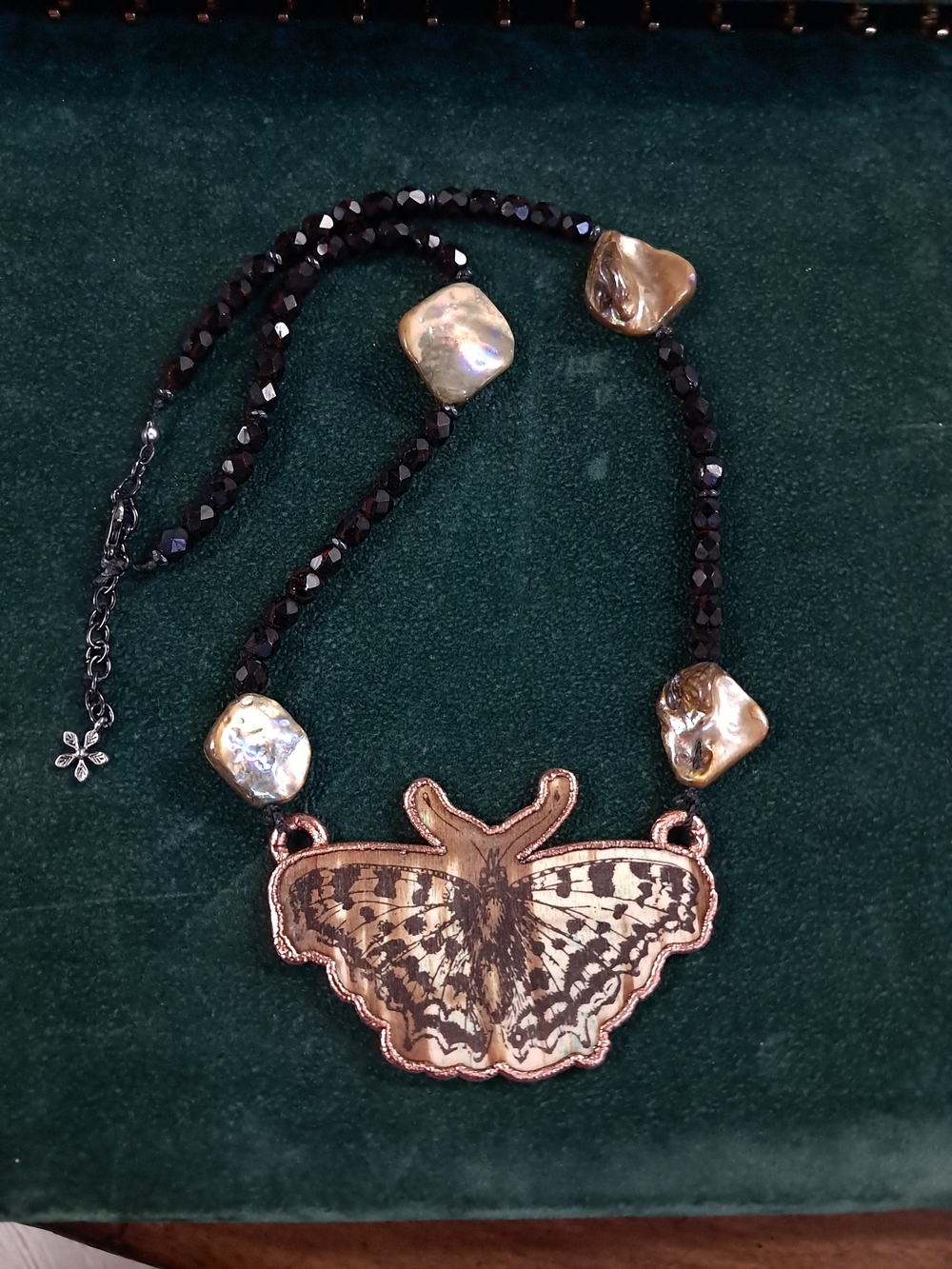 OOAK Moth Copper Electroformed Pendant Necklace with Blk Beads and Shell Accents